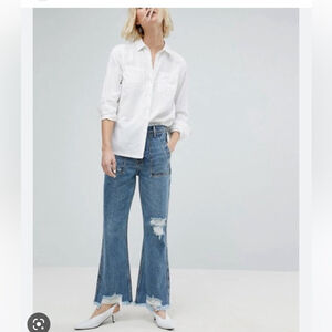 Evidnt Button Fly Raw Hem Distressed Jeans Y2K Baby Flare Bootcut Western 26‎